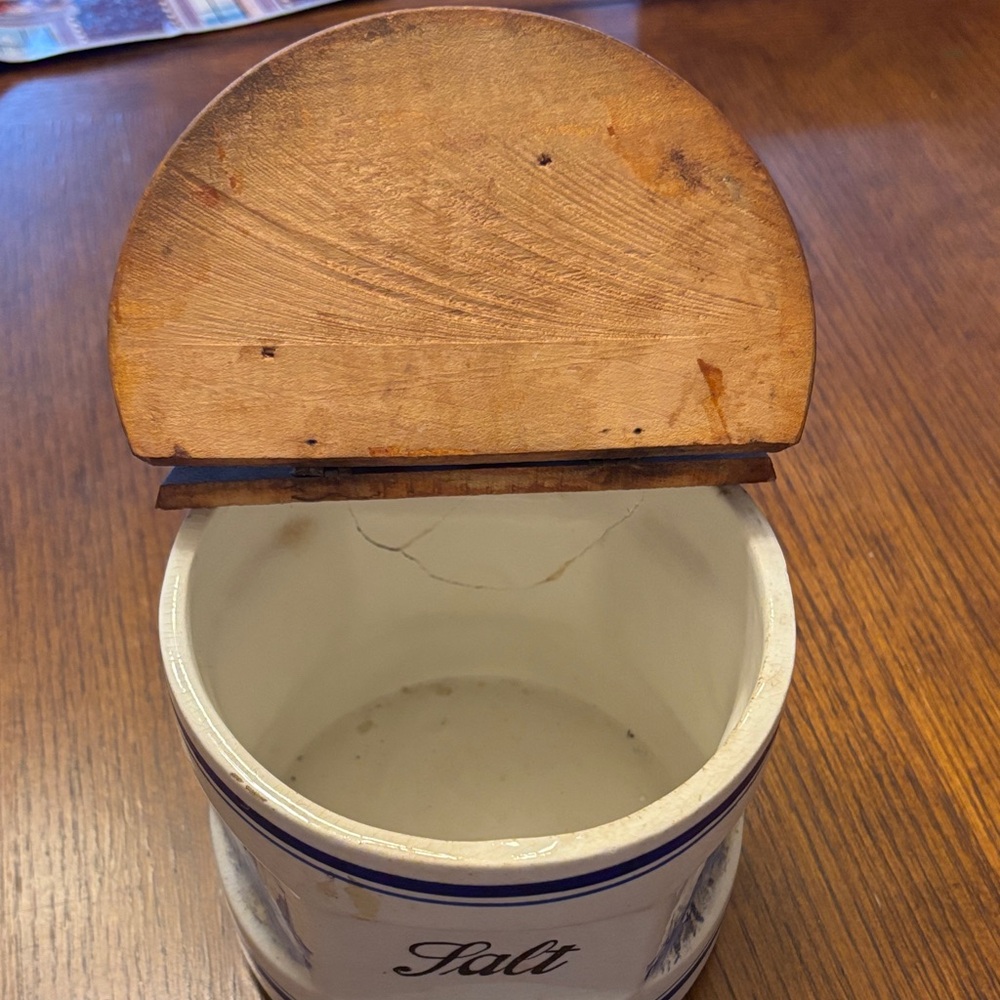 Vintage Ceramic Salt Box with Wooden Lid - Picture 2 of 9